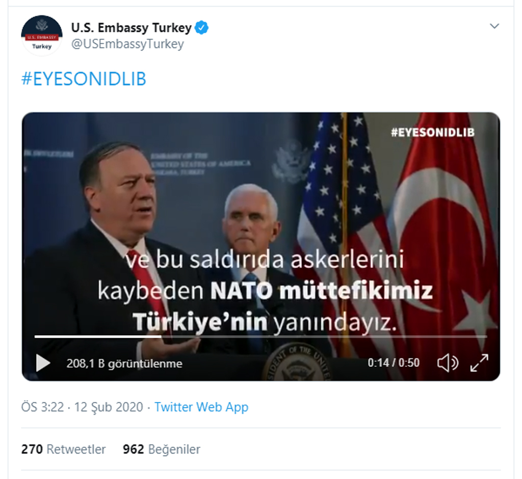 ABD Büyükelçiliği'nin Türkiye tweeti: https://twitter.com/USEmbassyTurkey/status/1227568692969582592