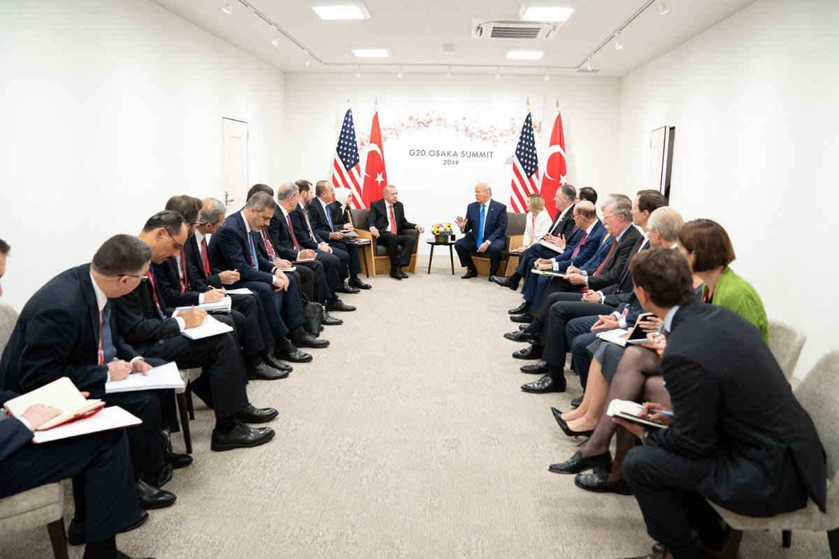 Turkish President Recep Tayyip Erdogan (C - L) holds a meeting with U.S President Donald Trump (C - R) on the second day of the G20 Summit at INTEX Osaka Exhibition Center in Osaka, Japan on June 29, 2019.